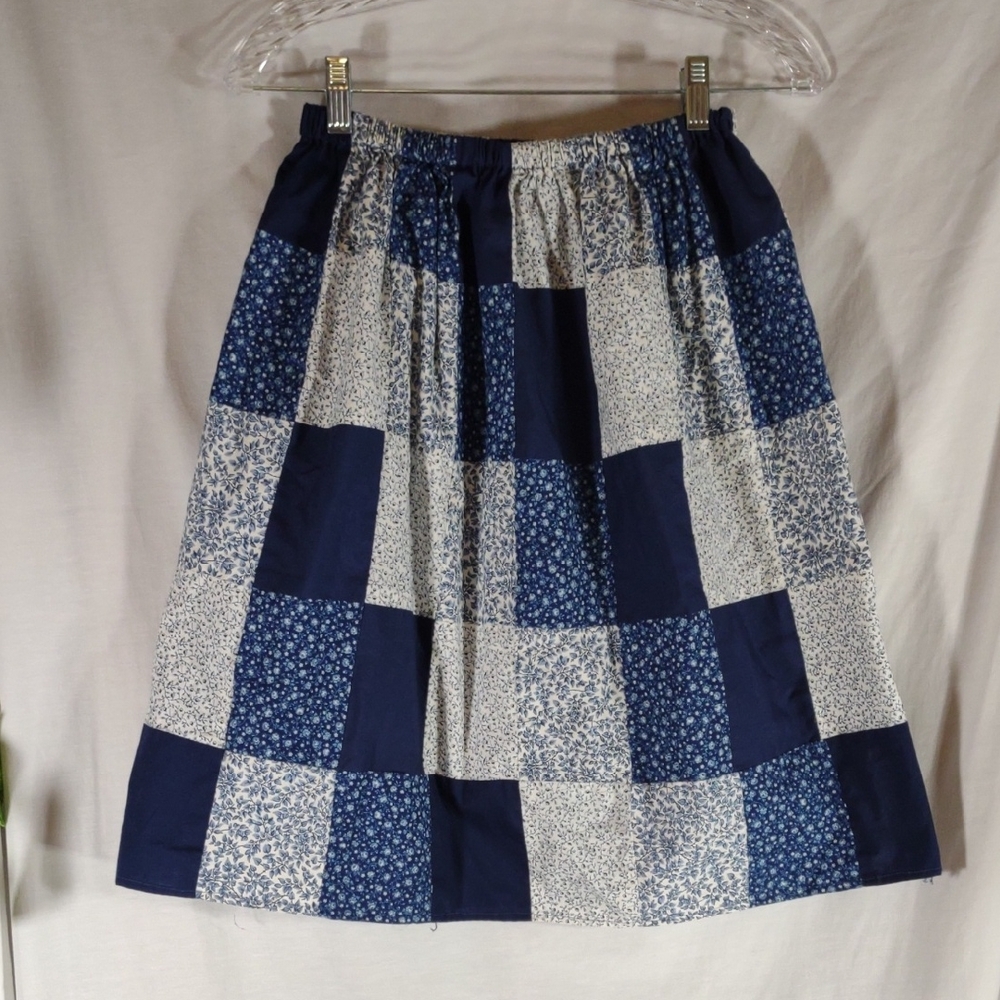 Vintage Handmade Blue & White Floral Patchwork A-Line Skirt - Size M
